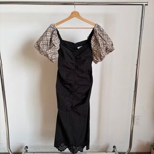 RHODE Black Midi Dress with Cream Leopard Puff Sleeves